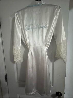 Linea Donatella Satin Bride Robe with Lace Sleeves - White S/M